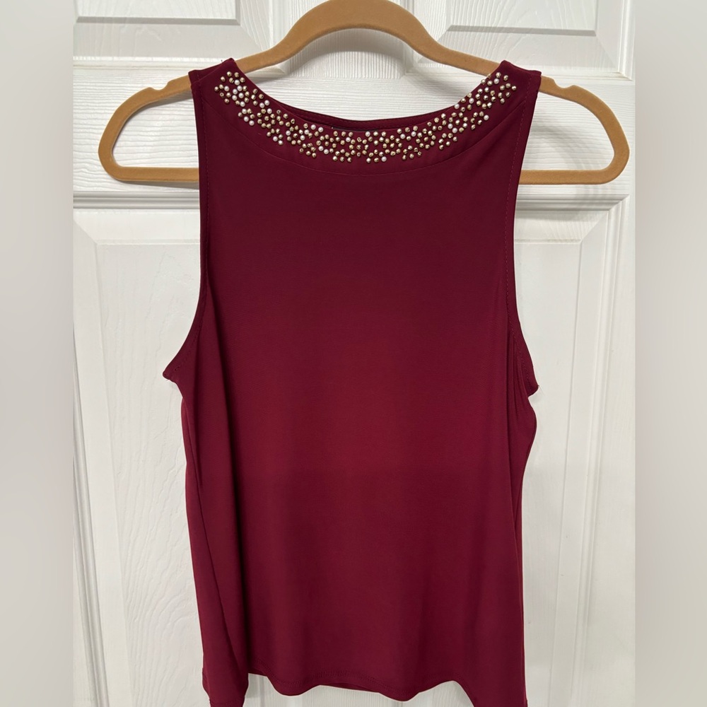 Nicole Miller Burgundy Pearl-Studded Sleeveless Tank